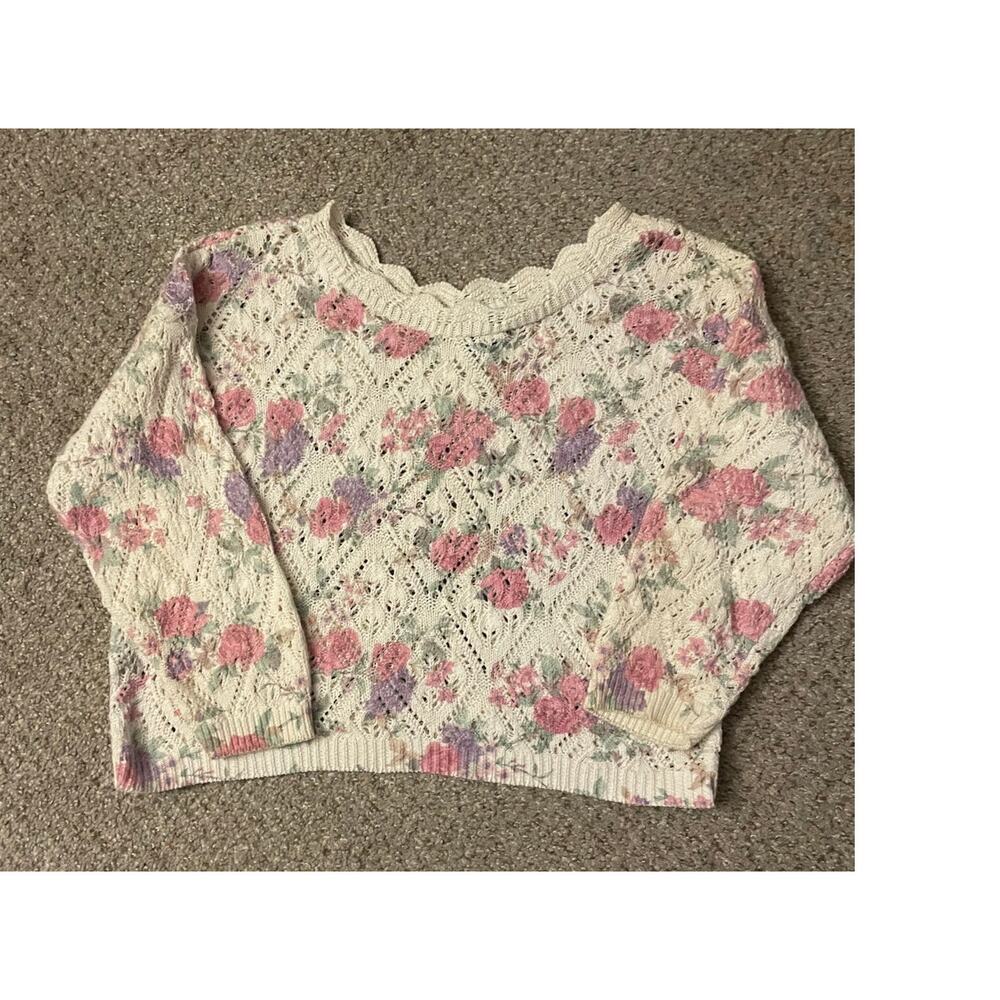 Vintage Cottagecore 90s Open Knit Cream Floral Crop Sweater Scallop Beachy Soft